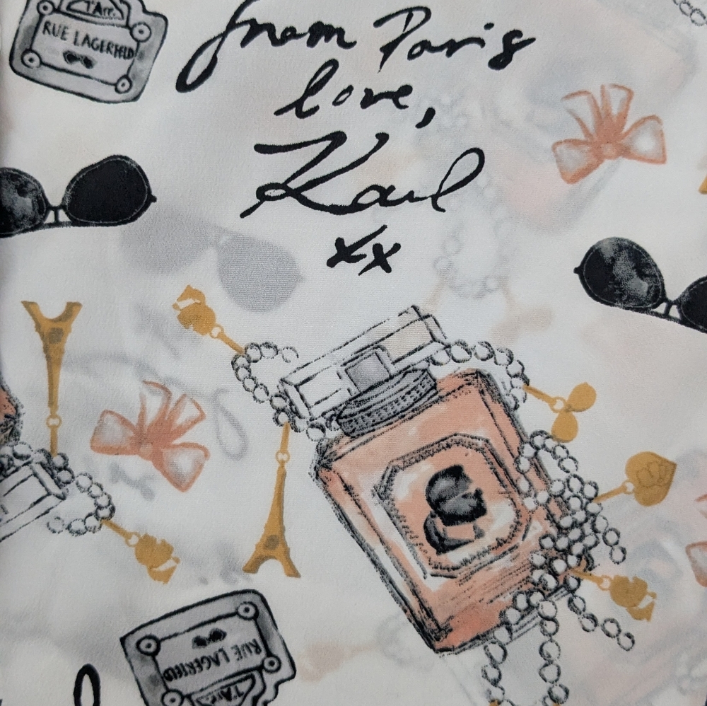 Karl Lagerfeld Paris Whimsical Signature-Printed Blouse Long Roll-Tab Sleeves L - Picture 7 of 12